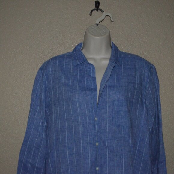 $258 Sz S Frank & Eileen Blue White Striped Linen Relaxed Fit Button Up Blouse - Picture 2 of 6